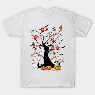 Cat Halloween Tree Pumpkin Gift T-Shirt